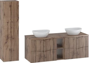 Zestaw do Łazienki 140cm Szafka Regał Blat Umywalka Słupek Ryflowane Fronty  Dąb Wotan Cleo