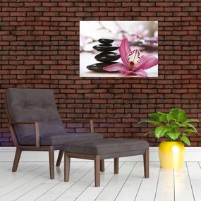 Obraz na szkle - kamienie do masażu i storczyki (70x50 cm)