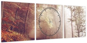 Obraz - Jesienny spacer po lesie (z zegarem) (90x30 cm)