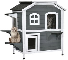 Pawhut Domek dla Kota Ogrodowy 2-poziomowy Dach Asfaltowy Drewno Szary Przestronny | Aosom PL