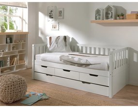 Białe łóżko dziecięce z litego drewna sosnowego z wysuwanym łóżkiem, schowkiem i stelażem 90x200 cm Fritz – Vipack