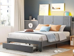 Łóżko podwójne tapicerowane welurem 140x200cm - z LED i portem ładowania USB - z dużą szufladą - Szare