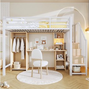 Łóżko piętrowe dla dzieci - 90 x 200 cm - rama żeliwna - ze schodkami do przechowywania + szafa + biurko + półki - metalowe - białe