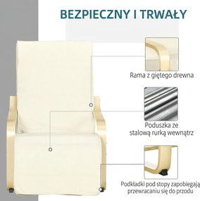 HOMCOM Leżak z Poduszką, Regulowany Podnóżek w 5 Pozycjach, Drewno Brzozowe, do 120 kg, 66,5 x 94 x 100 cm, Kremowy | Aosom PL