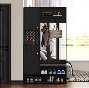 Zestaw szafek do przedpokoju - 100 x 35 x 180 cm - z ławką + 4 wieszaki + 2 drzwi + 1 szuflada - MDF - czarny