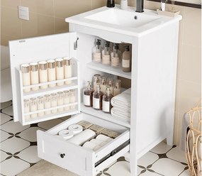 Meble łazienkowe na nogach - z ceramiczną umywalką - 1 drzwi i 1 szuflada - Biały (bateria nie jest dołączona)