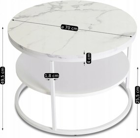 Stolik kawowy Best 70 cm, okrągły, z półką, do salonu, biały marmur/biały