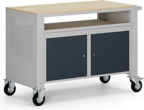 Mobilny stół warsztatowy G9, 1 półka, 2 szafki, 1180 x 595 x 865-1130 mm, szary/grafitowy