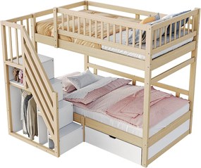 Łóżko piętrowe dla dzieci - 2 x 90 x 200 cm - z 1 szufladą + schowkiem schodowym - drewno + MDF - jasny naturalny