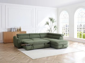 Kanapa narożna rozkładana prawostronna z zielonej teksturowanej tkaniny BESEMA