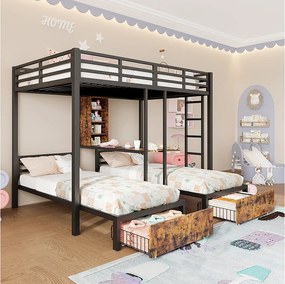 Łóżko piętrowe dziecięce 3 miejsca - 140 x 200 cm + 2 x 90 x 200 cm - z 2 szufladami - Metal + MDF - czarne