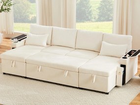 Kanapa 4-miejscowa - z uchwytami na napoje - z poduszkami - Chenille i sztruks welurowy - beżowy