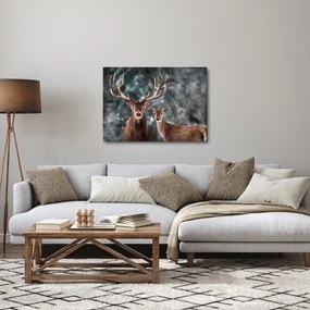 Obraz - Jeleń i łania w zaśnieżonym lesie (70x50 cm)