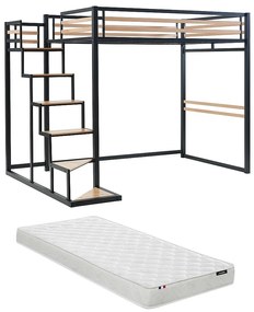 Łóżko antresola 140 × 200 cm – metal i MDF – kolor czarny i naturalny – z materacem w zestawie – JOGUI