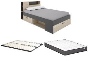 Łóżko z zagłówkiem  ze skrzynią i i szufladami - 120 x 190 cm - Naturalny i antracytowy + Stelaż + Materac - LEANDRE