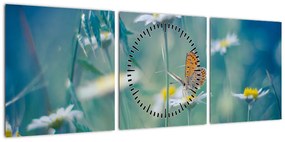Obraz - Motyl na stokrotce (z zegarem) (90x30 cm)