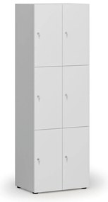 Drewniana szafka skrytkowa S4, 6 schowków, demontaż, zamek cylindryczny, szary/biały