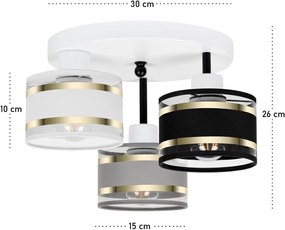 Lampa sufitowa biała trzypunktowa z szaro-czarno-białymi abażurami T-3