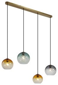 Brązowa lampa wisząca z dymionym bursztynowym i zielonym szkłem prostokątna 4-punktowa - Bao ArtDeco Oswietlenie wewnetrzne