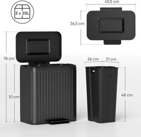 HOMCOM Kosz kuchenny, 2 x 20 L, efektywne sortowanie odpadów, pedałowy, tworzywo sztuczne, metal, czarny | Aosom PL