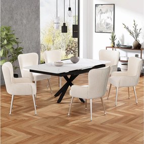 Zestaw 6 krzeseł Velvet - 83 x 53 x 57 cm - Cztery srebrne metalowe nogi - z podłokietnikami i regulowanymi nóżkami - Beżowy