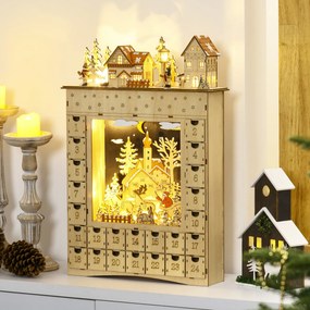 HOMCOM Kalendarz świąteczny do napełnienia, 24 szufladki z diodami LED, drewno naturalne, 36 x 9 x 52 cm | Aosom PL