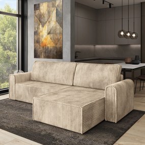 Masseno Narożnik VALTINO z funkcją spania i pojemnikiem na pościel Narozniki L, Rozkładana sofa - Kremowy, TILIA 03
