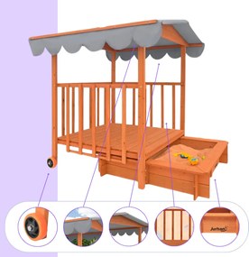 Piaskownica z werandą HAPPY, lita sosna 130 x 130 x 143 cm, brązowo szary Jurhan