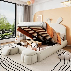 Łóżko podwójne ze schowkiem - 140 x 200 cm - z 2 stołkami ze schowkiem - uszy królika z diodami LED - aksamit - białe