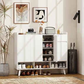 HOMCOM Szafka na buty z bezuchwytowym designem, 4 drzwi, 4 regulowane półki, wolnostojący regał na buty z 5 drewnianymi nogami, drewno, Biały