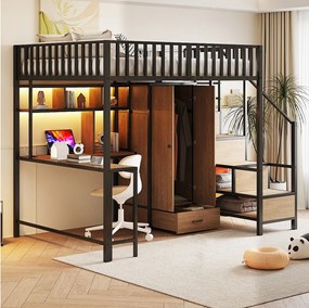 Łóżko piętrowe metalowe dla dzieci - 140 x 200 cm - z biurkiem + półką + szafą + szufladą + drabinką + diodami LED - czarne