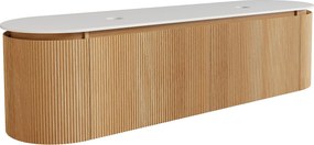 Wisząca szafka podumywalkowa z prążkowanego drewna jesionowego z blatem z matowego spiekanego kamienia – Jasny naturalny - szer. 180 cm - LILIKO