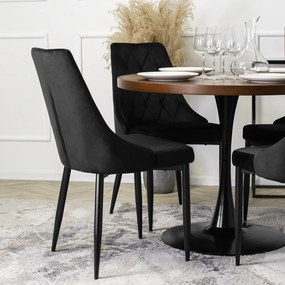 Zestaw Stół Okrągły LINO 100 cm Orzech/Czarny i 4 Krzesła Tapicerowane do Salonu CORK Czarne Welurowe Nowoczesne Loft