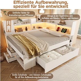 Łóżko dziecięce z pojemnikiem - 90 x 190 cm - z diodami LED + USB + półki + szuflady - drewno - białe