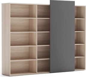 Regał biurowy z przesuwnym panelem BLOCK, 2390 x 400 x 1748, Dąb naturalny / grafitowy