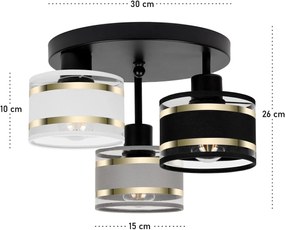 Lampa sufitowa czarna trzypunktowa z szaro-czarno-białymi abażurami T-