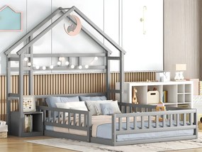 Łóżko dziecięce 140x200cm z szafką nocną i barierkami zabezpieczającymi - stelaż na listwach - Szary