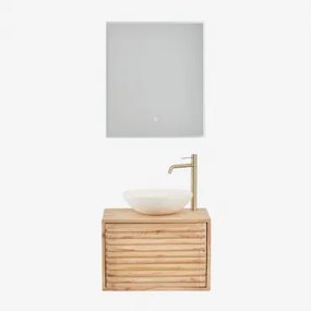 Zestaw Wiszących Mebli Łazienkowych 60x45 Cm Z Drewna Deleyna Naturalna & Cement Okrągły Biały Ø40 Cm Zavion & Prostokątna Lampa Led I Przeciwmgielna