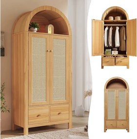 Szafa z plecionego rattanu - 181 x 78 x 45 cm - styl rustykalny z wykończeniem dębowym - z półką + 2 drzwi + 2 szuflady - drewno - naturalne