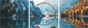 Obraz - Łodzie na jeziorze Braies (z zegarem) (90x30 cm)