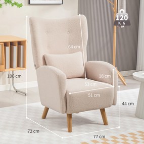 HOMCOM Fotel akcentowy, tapicerowany fotel z futerkiem, poduszka z pianki, fotel typu wingback, Beżowy