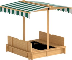 Outsunny Piaskownica 106x106 cm dla dzieci z drewna z regulowanym daszkiem, ławkami i oparciami jasnobrązowa | Aosom PL