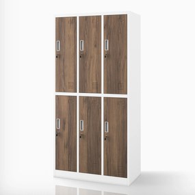 Szafka socjalna ubraniowa BHP biała / orzech 6-drzwiowa: Eco Design IGOR, 900 x 1850 x 450 mm