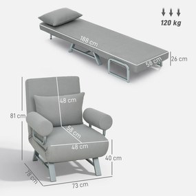 HOMCOM fotel rozkładany, fotel tapicerowany, przekształcany w łóżko dla gości, ergonomiczny, jasnoszary
