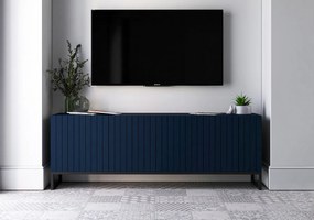 Szafka RTV z 4 drzwiami – Korpus granatowy mat, ryflowane fronty granatowy mat – 150 cm, czarna metalowa rama