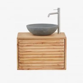 Zestaw Wiszących Mebli Łazienkowych Z Drewna Deleyna Naturalna & Okrągły Szary Cement Ø40 Cm - Sklum