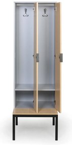 Drewniana szafa ubraniowa S4 z ławką, 4-drzwiowa, 1871 x 1200 x 500/800 mm, demontaż, zamek mechaniczny z kodem, szary/zielony