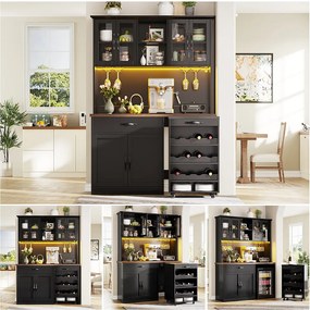 Wysoka komoda kuchenna - 140 x 38 x 180 cm - z szufladą + drzwi + oświetlenie LED + wózek na kółkach - MDF - czarna