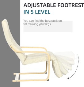 HOMCOM Leżak z Poduszką, Regulowany Podnóżek w 5 Pozycjach, Drewno Brzozowe, do 120 kg, 66,5 x 94 x 100 cm, Kremowy