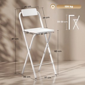 HOMCOM Hokery Barowe 2 szt., Składane Krzesła z Metalową Ramą, Oparciem i Podnóżkiem, 37 x 45 x 87 cm, Białe | Aosom PL